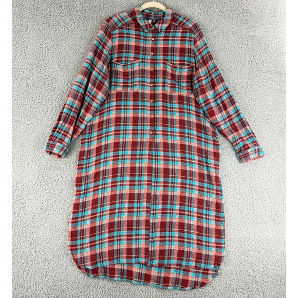 Pilcro and the Letterpress Dresses & Skirts - Pilcro Shirt Dress Women Medium Red Turquoise Plaid Crinkle Midi Tunic OB1609132